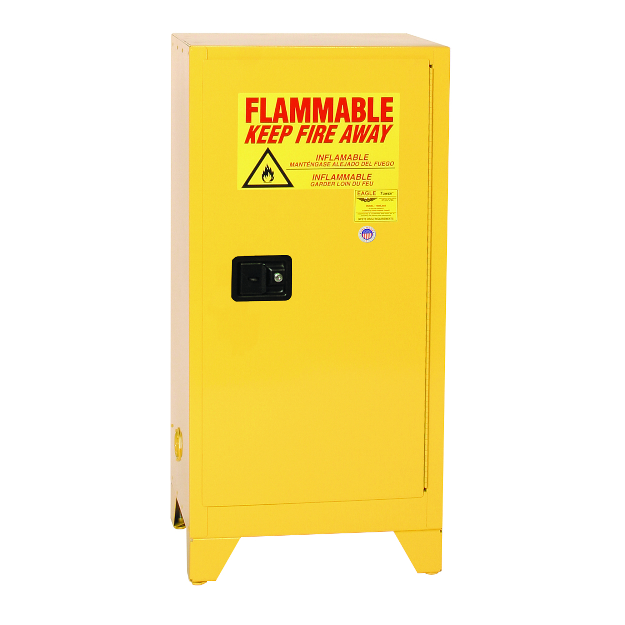 Eagle Fire Cabinet — 16 Gallon, 1 Shelf, 2 Doors, Manual Close, Space Saver Tower, Yellow, Model# 1906XLEGS